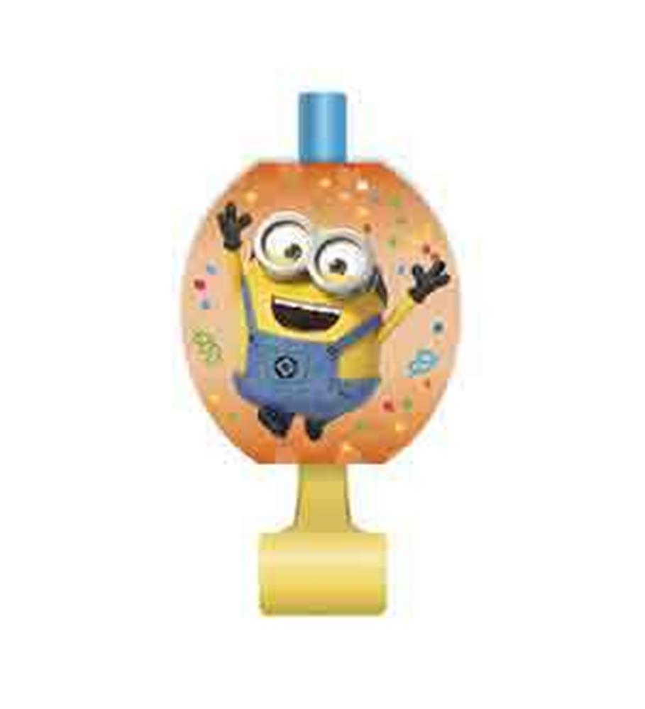 Orange blowout party favor featuring a smiling Minion character with blue overalls and goggles, 78 count pack.