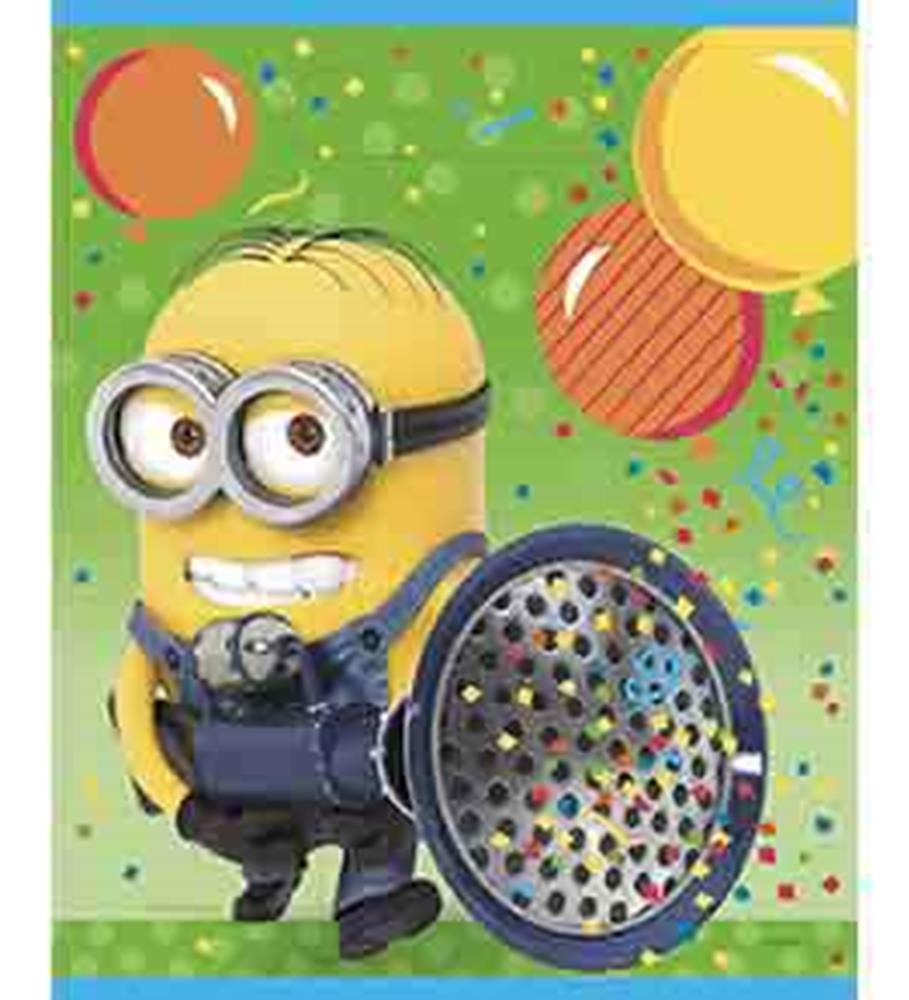 Colorful loot bag with a smiling Minion holding a black gadget, balloons, and confetti background.