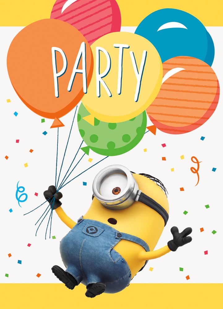 Despicable Me minion holding colorful balloons with "PARTY" text on yellow balloon, confetti background.