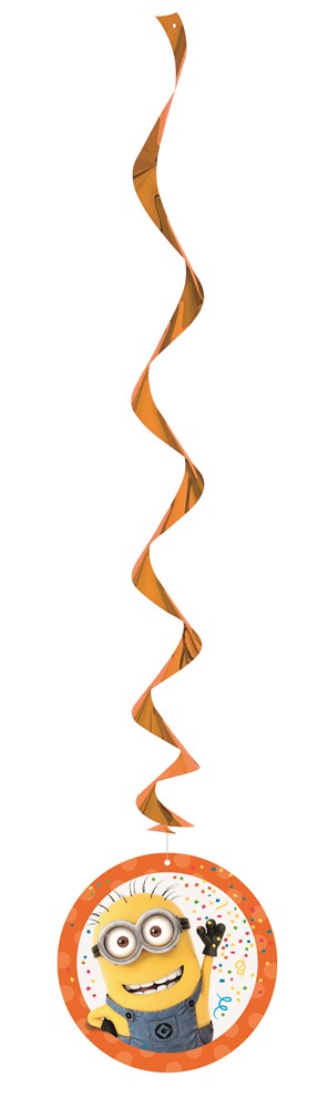 Orange hanging swirl decoration with a circular Minion face at the bottom, 26 inches long.