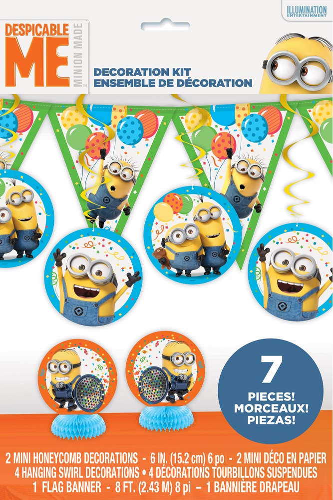Brightly colored Despicable Me party garland with seven round paper decorations featuring Minions in various playful poses.