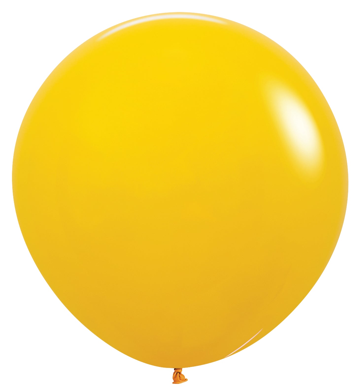 Large round honey yellow latex balloon with smooth surface and tied neck.