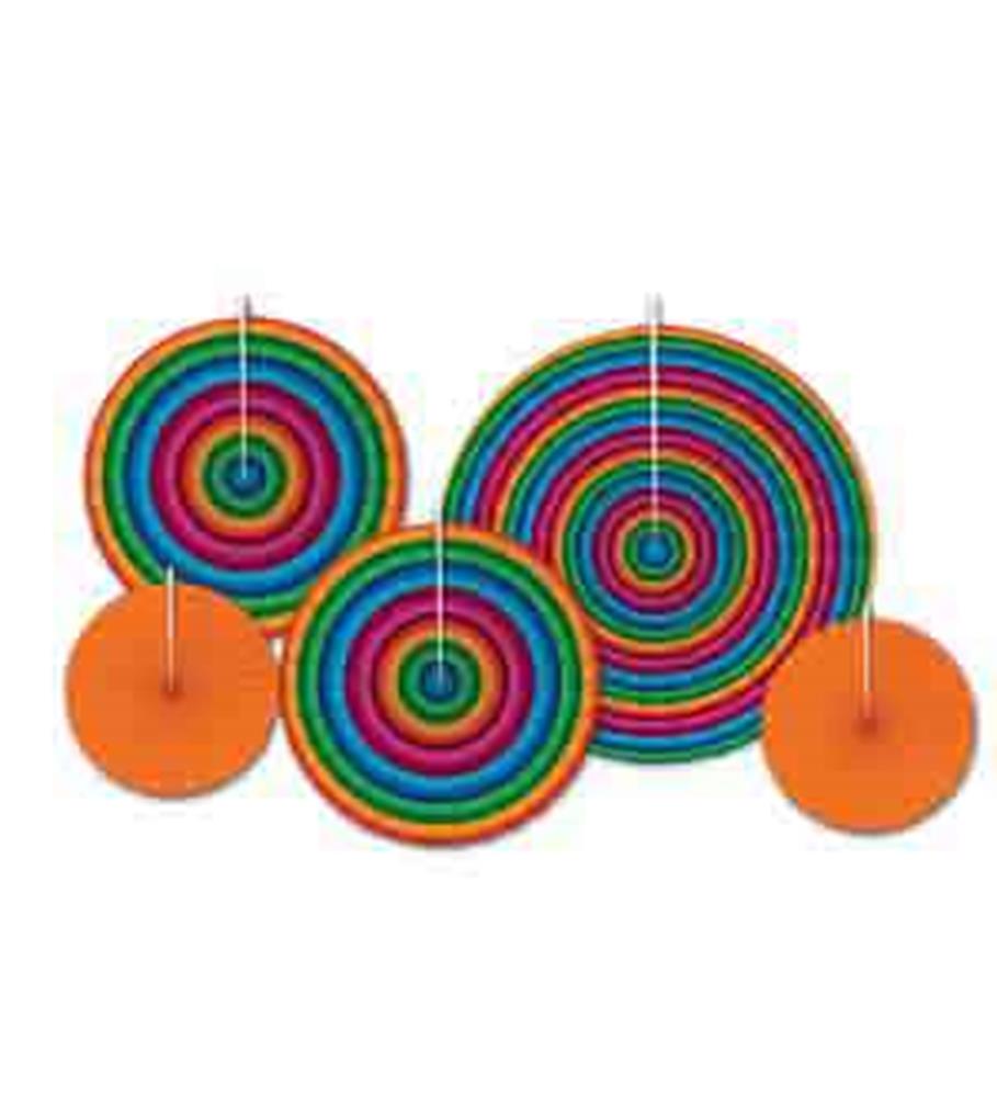 Set of four rainbow-colored accordion paper fans with orange circular bases in varying sizes.
