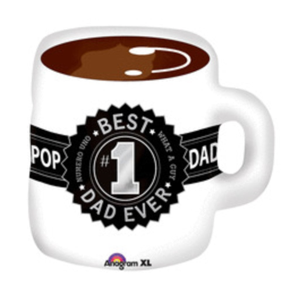 White foil balloon shaped like a coffee mug with brown liquid top and black badge reading "Best Dad Ever #1".