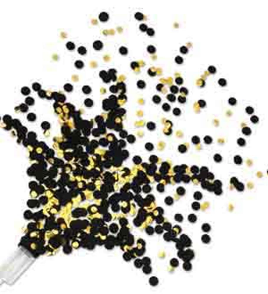 Gold and black confetti bursting from a white confetti popper tube.