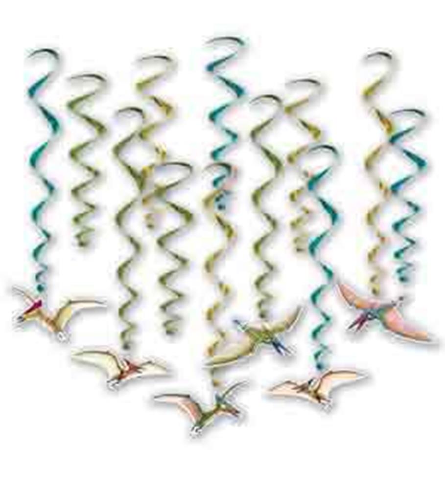 Colorful hanging spiral swirls with attached flying dinosaur cutouts in blue, green, and yellow tones.