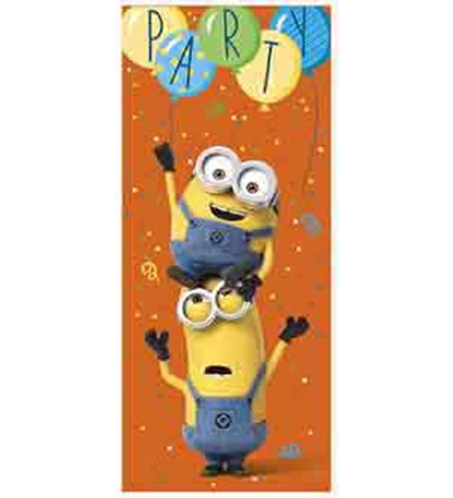 Bright orange door poster featuring two stacked Minions wearing blue overalls and surrounded by colorful balloons spelling.