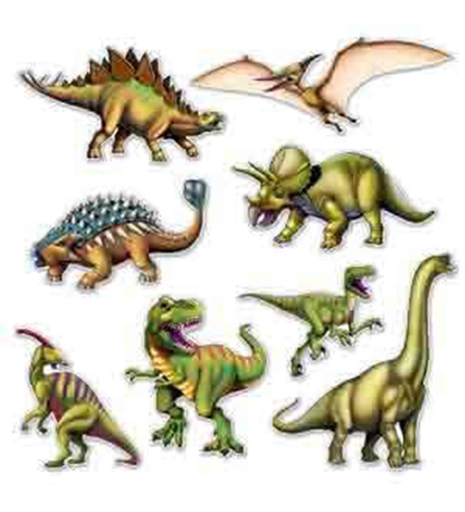 Colorful cardboard dinosaur cutouts featuring various species including Stegosaurus, Pterodactyl, Triceratops, Ankylosaurus,
