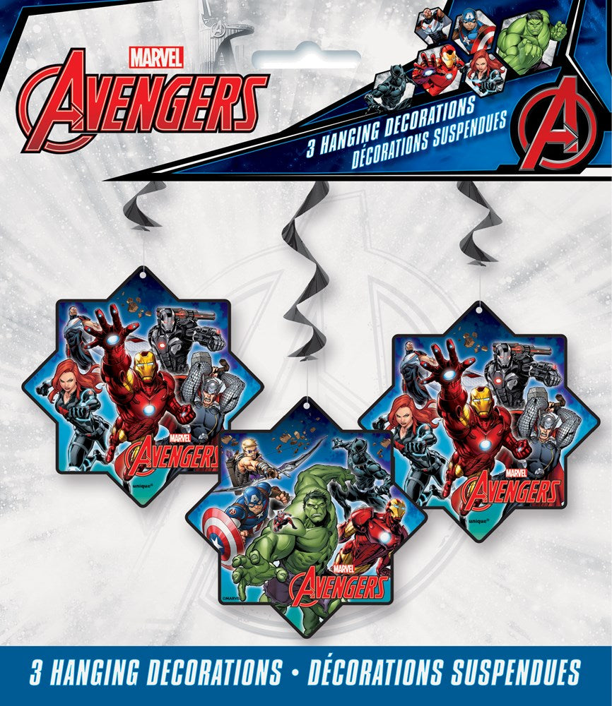 Three 26-inch hanging swirl decorations featuring Marvel Avengers characters Iron Man, Captain America, Hulk, and Thor on.
