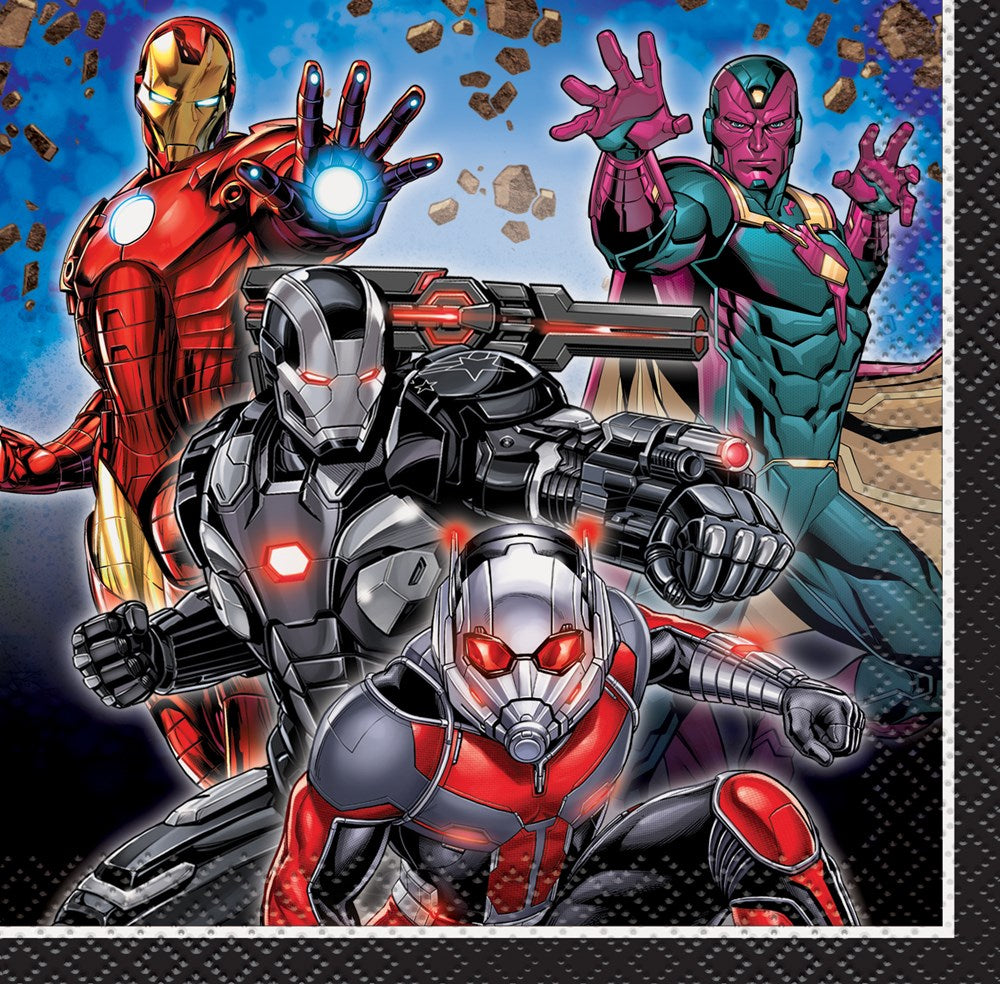 Square paper napkins featuring Iron Man, War Machine, Ant-Man, and Vision against a dynamic blue and rocky background.