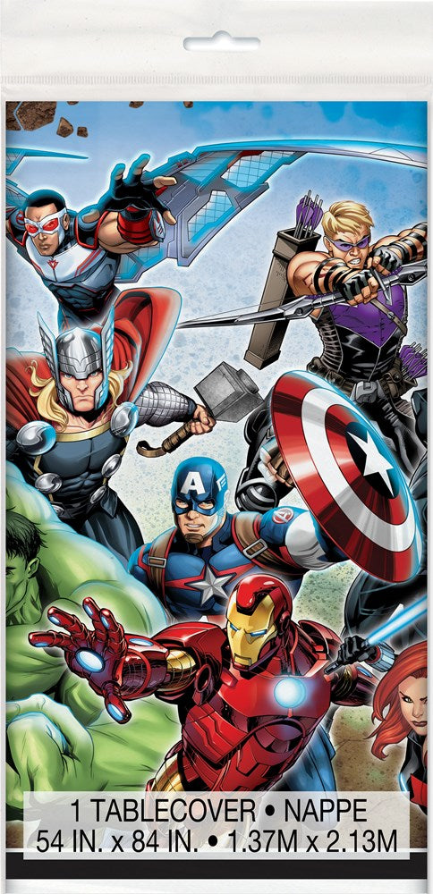 Rectangular plastic table cover featuring Avengers superheroes in action with bright blue background, 54 by 84 inches.