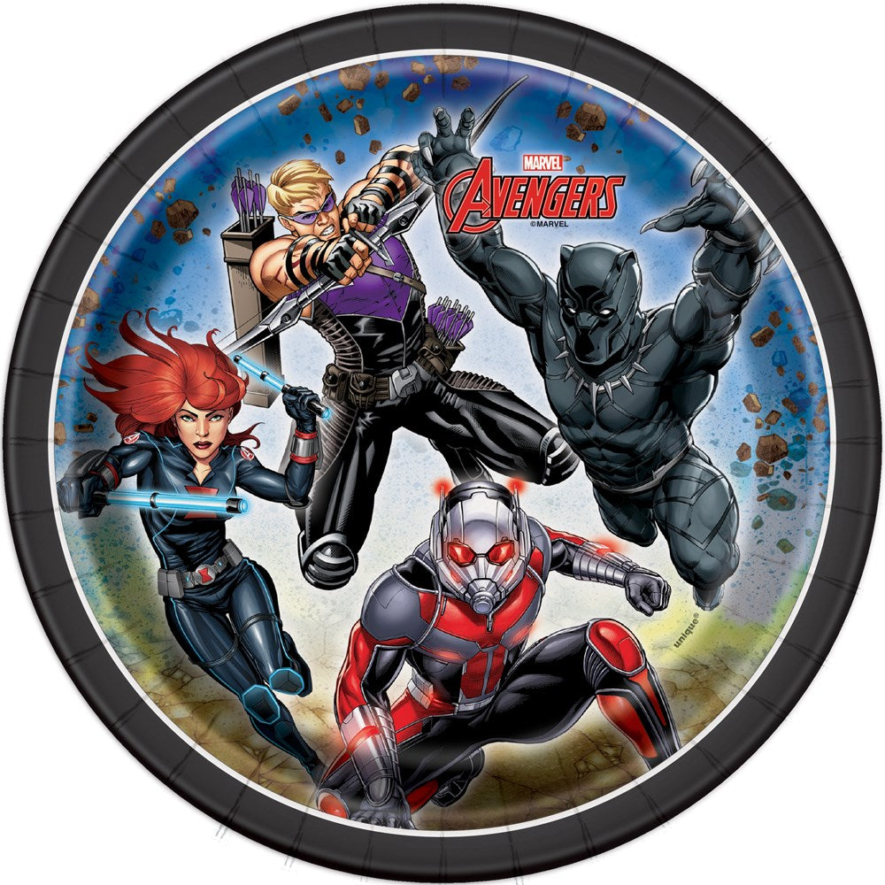 Round 7-inch paper plate with colorful Avengers characters on a blue background, featuring Black Widow, Hawkeye, Black.