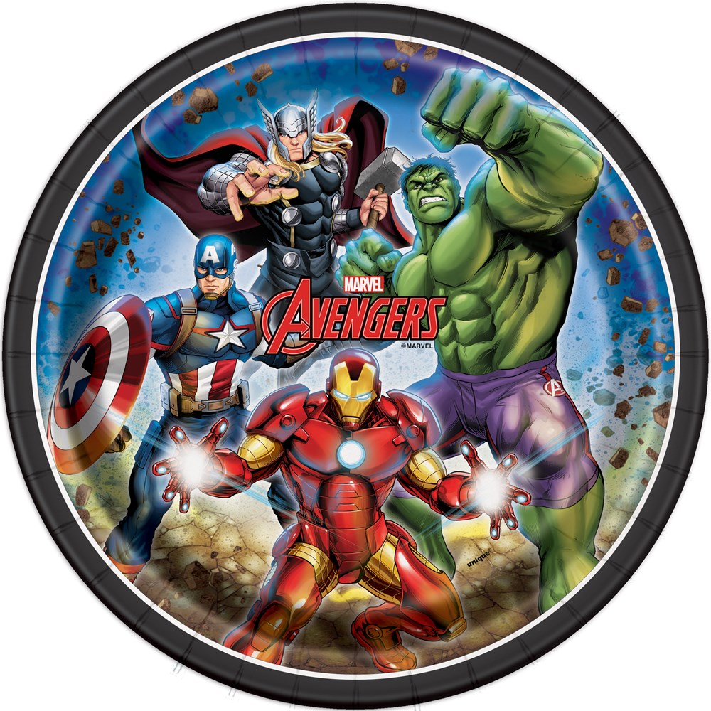 Round 9-inch paper plate featuring colorful Avengers characters Iron Man, Hulk, Thor, and Captain America on a blue.