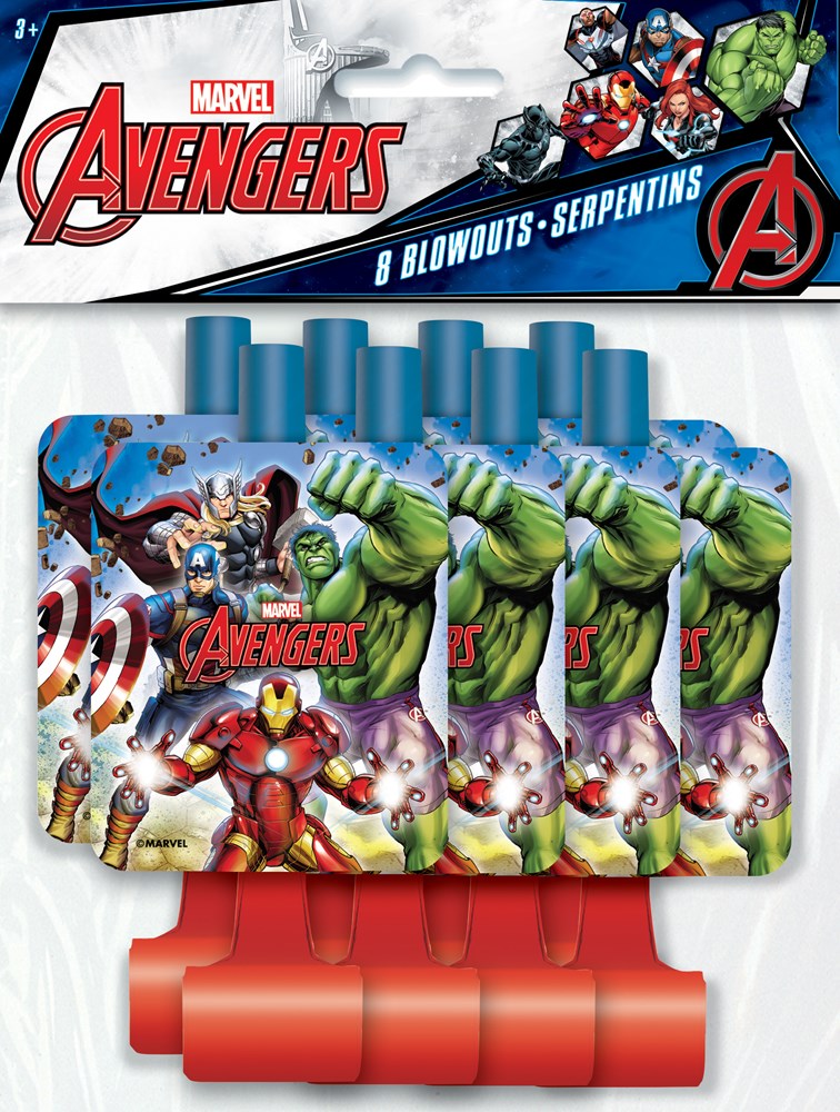 Set of eight Avengers-themed blowouts featuring Iron Man, Hulk, and Captain America with blue and red plastic mouthpieces.