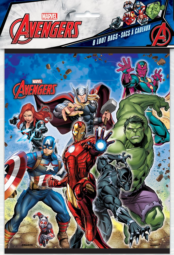 Set of eight Avengers loot bags featuring Iron Man, Captain America, Thor, Black Panther, Hulk, and other Marvel superheroes .