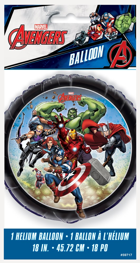 18-inch round foil balloon featuring Avengers characters Iron Man, Captain America, Hulk, Thor, and Black Widow in action.