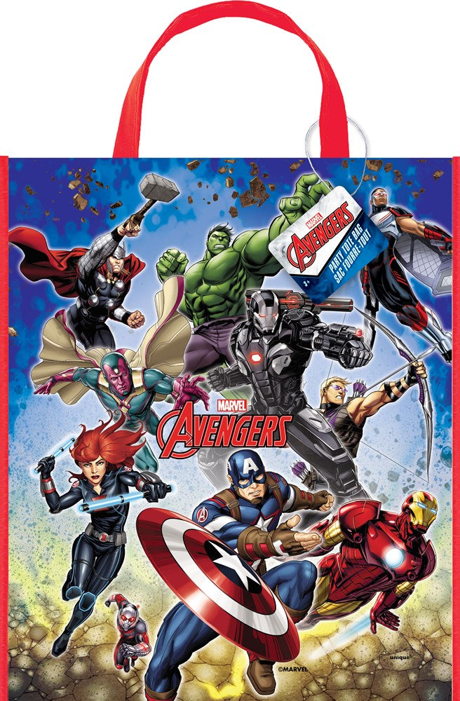 Avengers tote bag with Iron Man, Captain America, Thor, Hulk, Black Widow, Hawkeye, and Ant-Man on blue background with red.