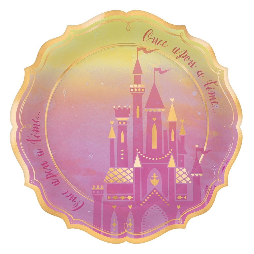 Round 10.5-inch scalloped plate with pink and gold metallic castle design and "Once Upon a Time" text.