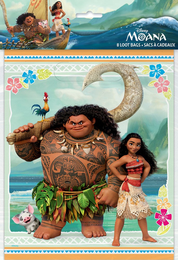 Set of 8 rectangular Moana-themed loot bags featuring colorful characters and tropical floral accents.