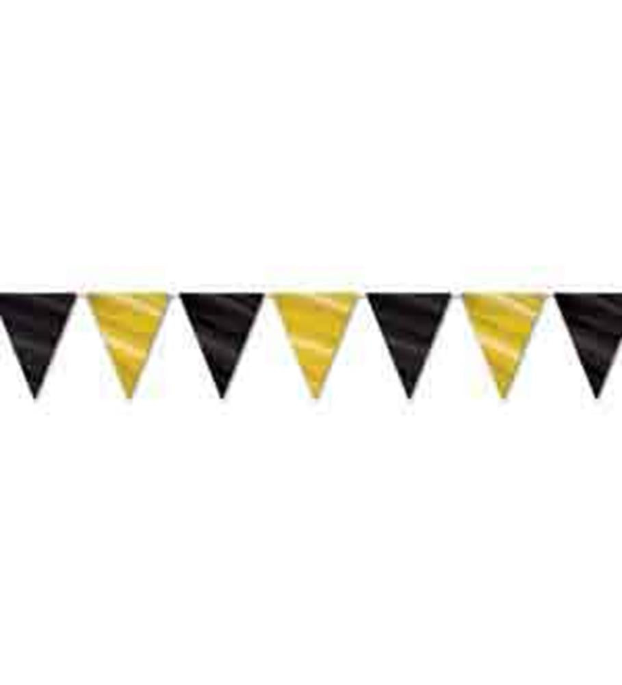 Black and gold triangular pennant banner with alternating shiny and matte finishes.