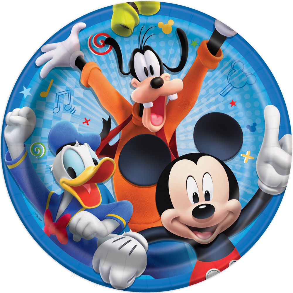 Round 9-inch blue plate featuring Mickey Mouse, Goofy, and Donald Duck in colorful animated design.