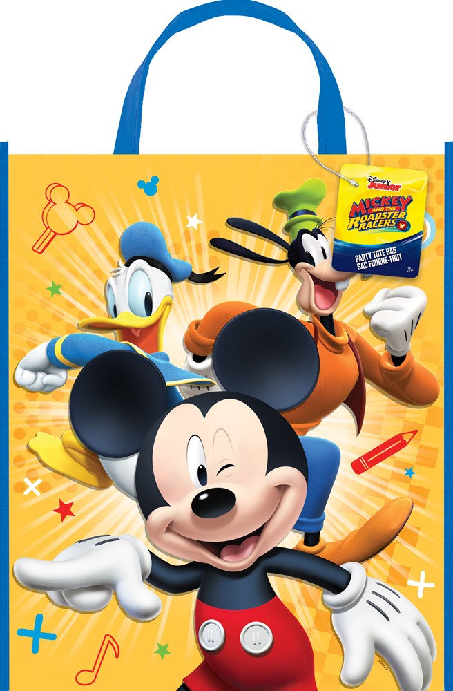 Yellow tote bag with blue handles featuring Mickey Mouse, Donald Duck, and Goofy in playful poses.