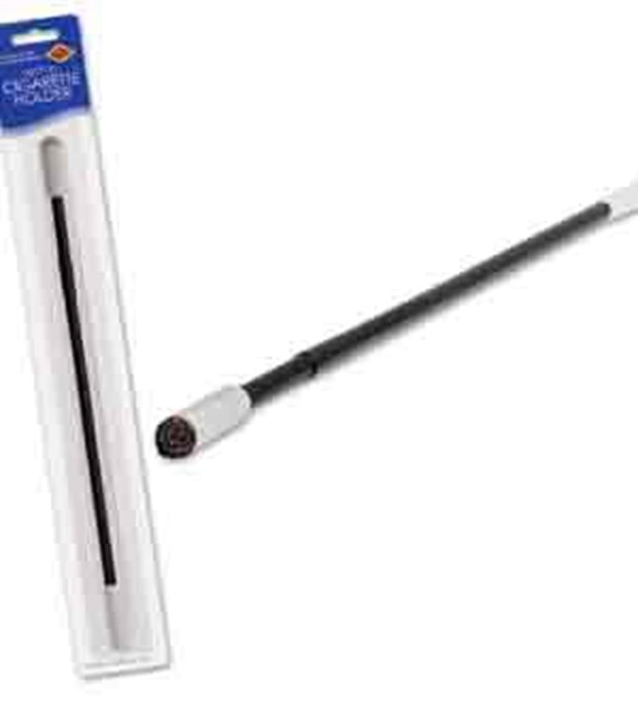Long black light-up cigarette holder with silver tip and slim design in clear plastic packaging.