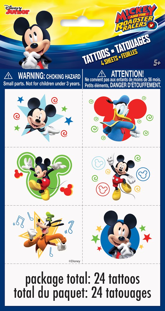 Sheet of colorful temporary tattoos featuring Mickey Mouse in various playful poses and designs.