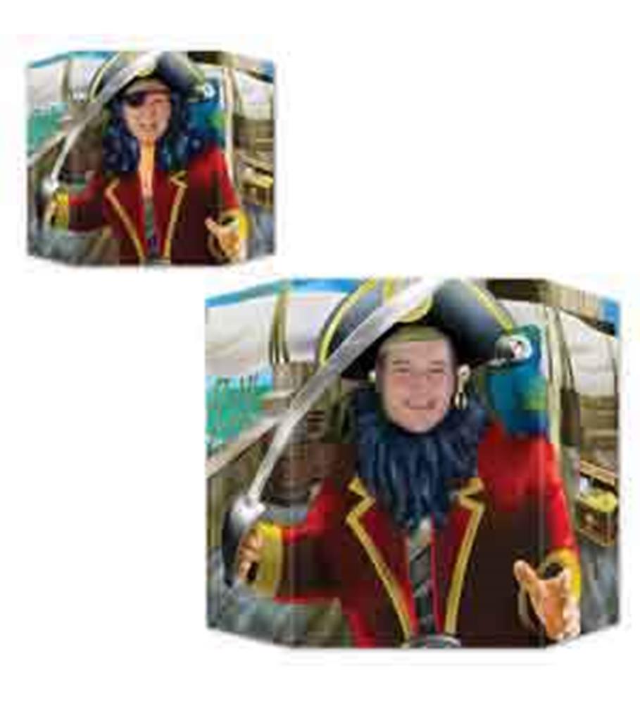 Square pirate photo prop with vibrant red pirate coat, black hat, and blue beard cutout for face, holding a sword.