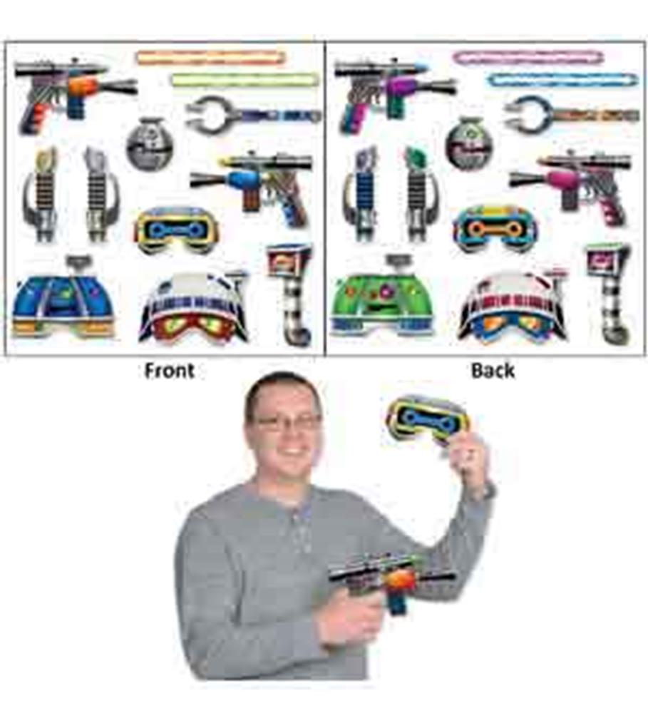 Two colorful space-themed toy gun and accessory sets with helmets, wristbands, and badges, shown front and back, held by a.