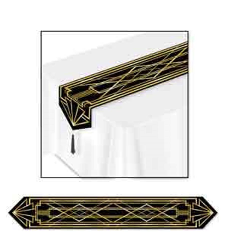Black table runner with gold geometric Art Deco patterns and tassels at each end.
