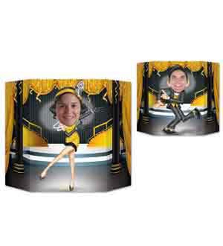Gold and black 1920s-themed photo prop with a dancer and empty face cutout for selfies.