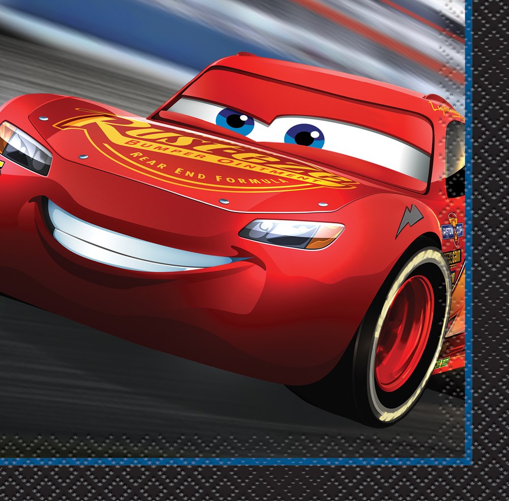 Red Cars 3 beverage napkin featuring smiling racecar Lightning McQueen with blue eyes and yellow lightning bolt design.