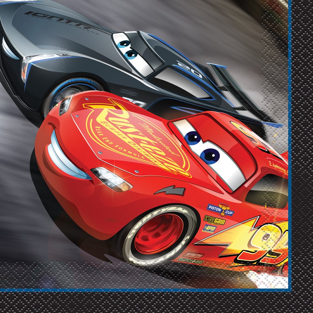 Square lunch napkin with red and gray race cars from Cars 3, featuring Lightning McQueen and Jackson Storm on a black and.