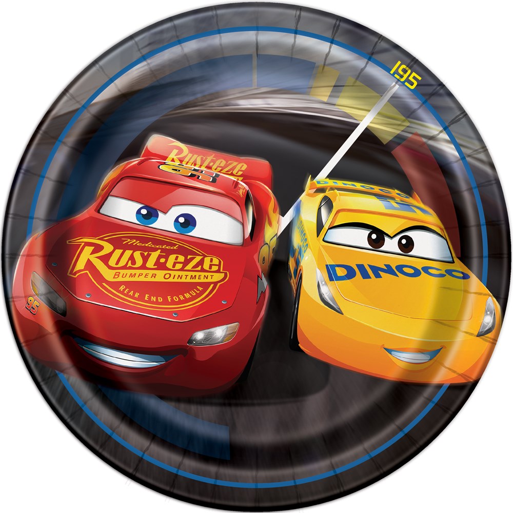 Round black paper dessert plate featuring red Lightning McQueen and yellow Cruz Ramirez from Disney Cars 3.