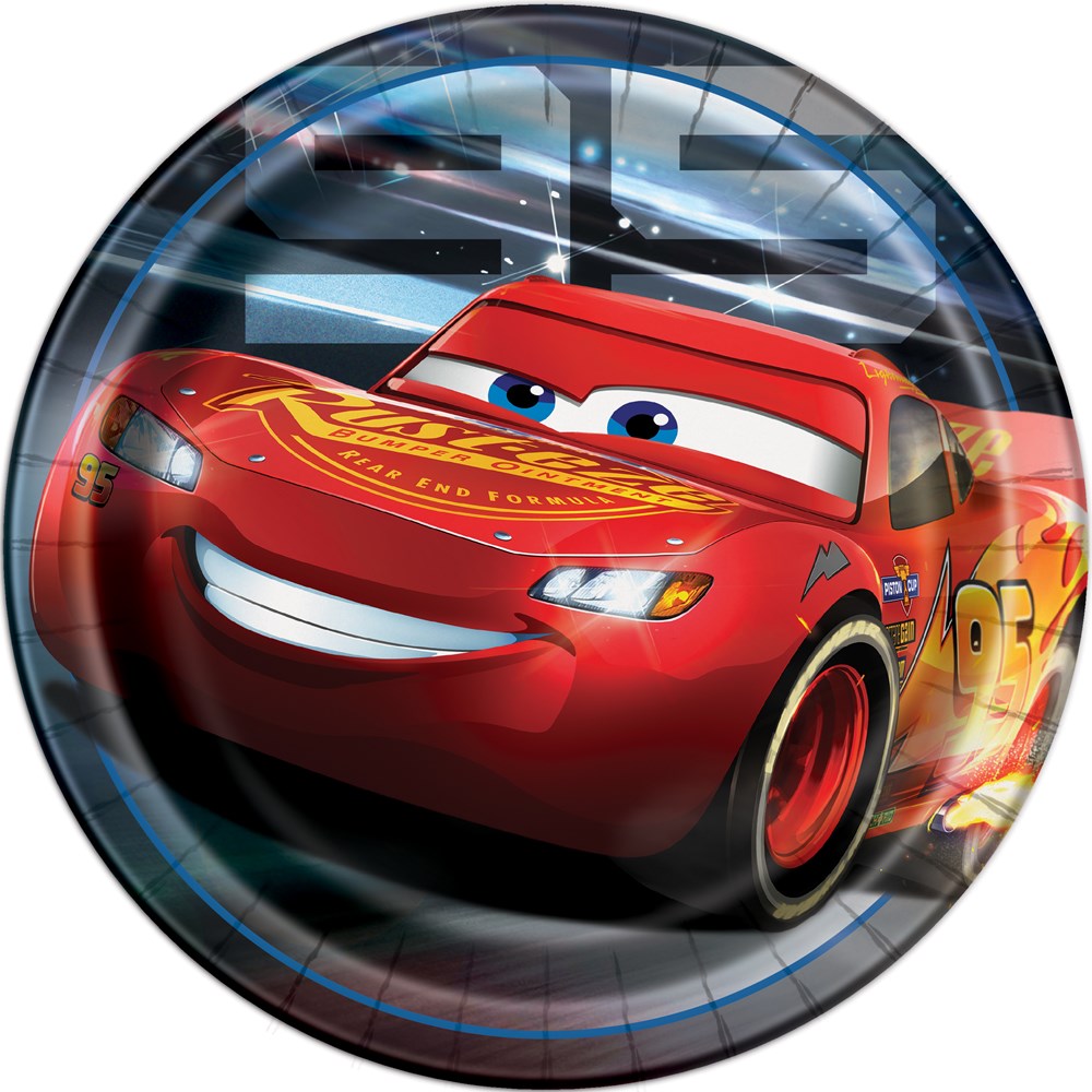 Round 9-inch plastic plate featuring red race car Lightning McQueen from Disney Cars 3 on a dark blue background with racing