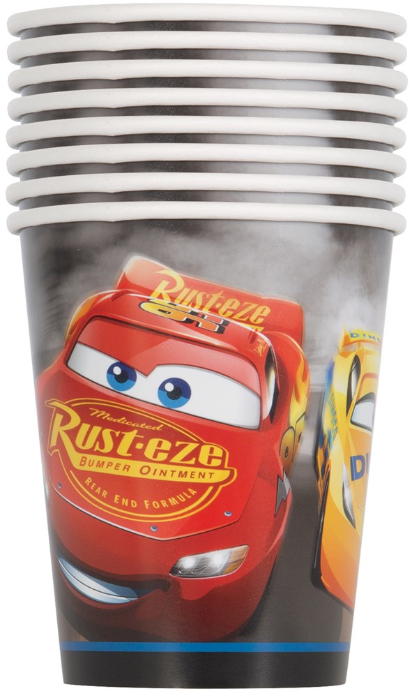 Stack of black plastic cups featuring Disney Cars 3 characters Lightning McQueen and Cruz Ramirez in vibrant colors.