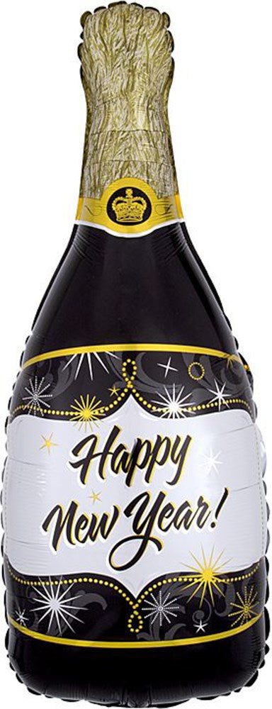 36-inch foil balloon shaped like a champagne bottle with gold foil top and "Happy New Year!" in black script on white label.