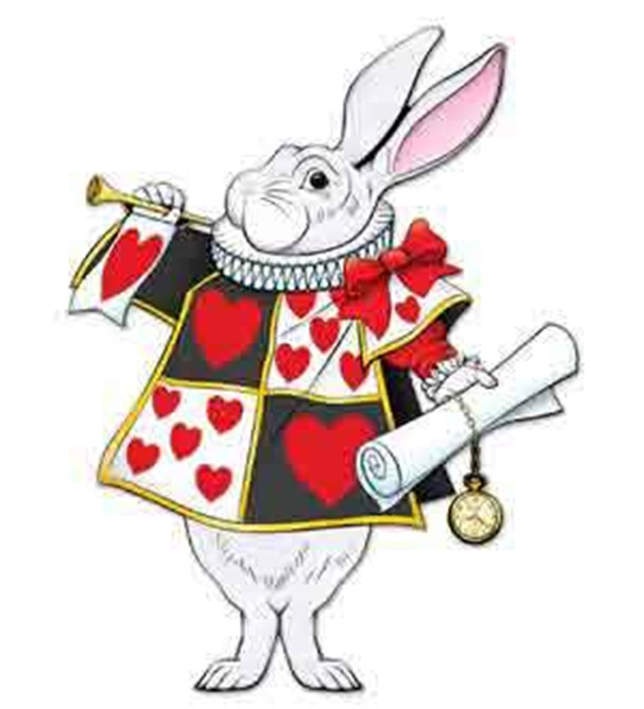 White Rabbit figurine wearing a red and black heart-patterned coat, holding a trumpet and scroll, with pink inner ears and a