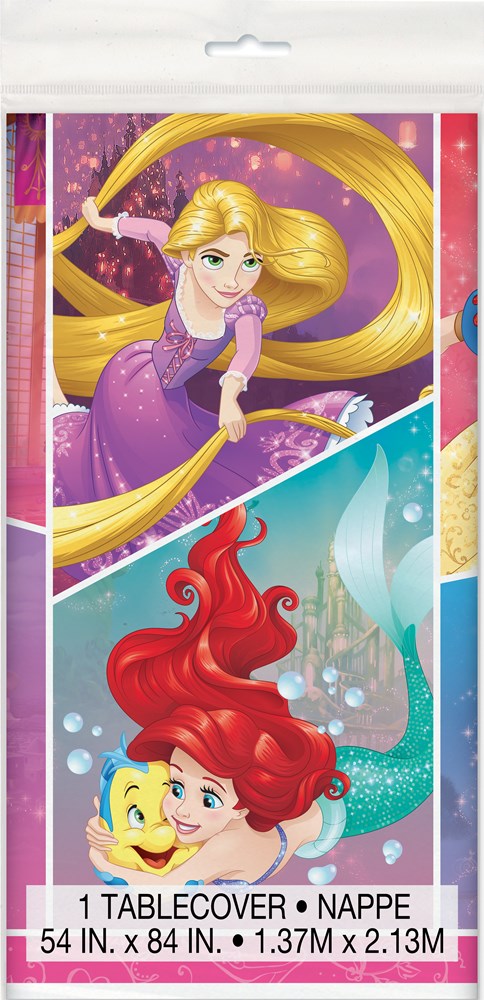 Rectangular plastic table cover sized 54x84 inches featuring Disney princesses Rapunzel and Ariel on a purple and blue.