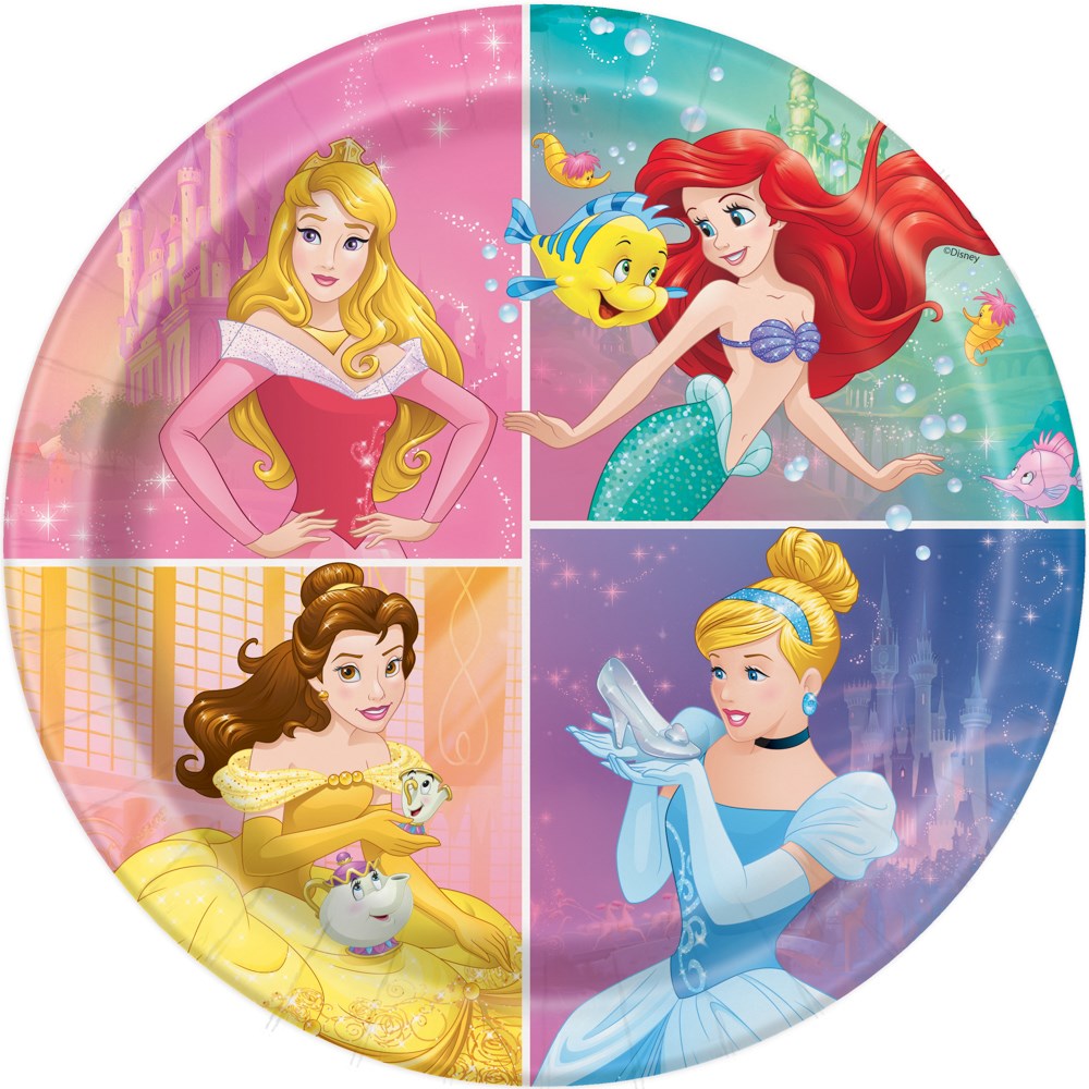Round 9-inch paper plate divided into four sections, each featuring Disney princesses Aurora, Ariel, Belle, and Cinderella.