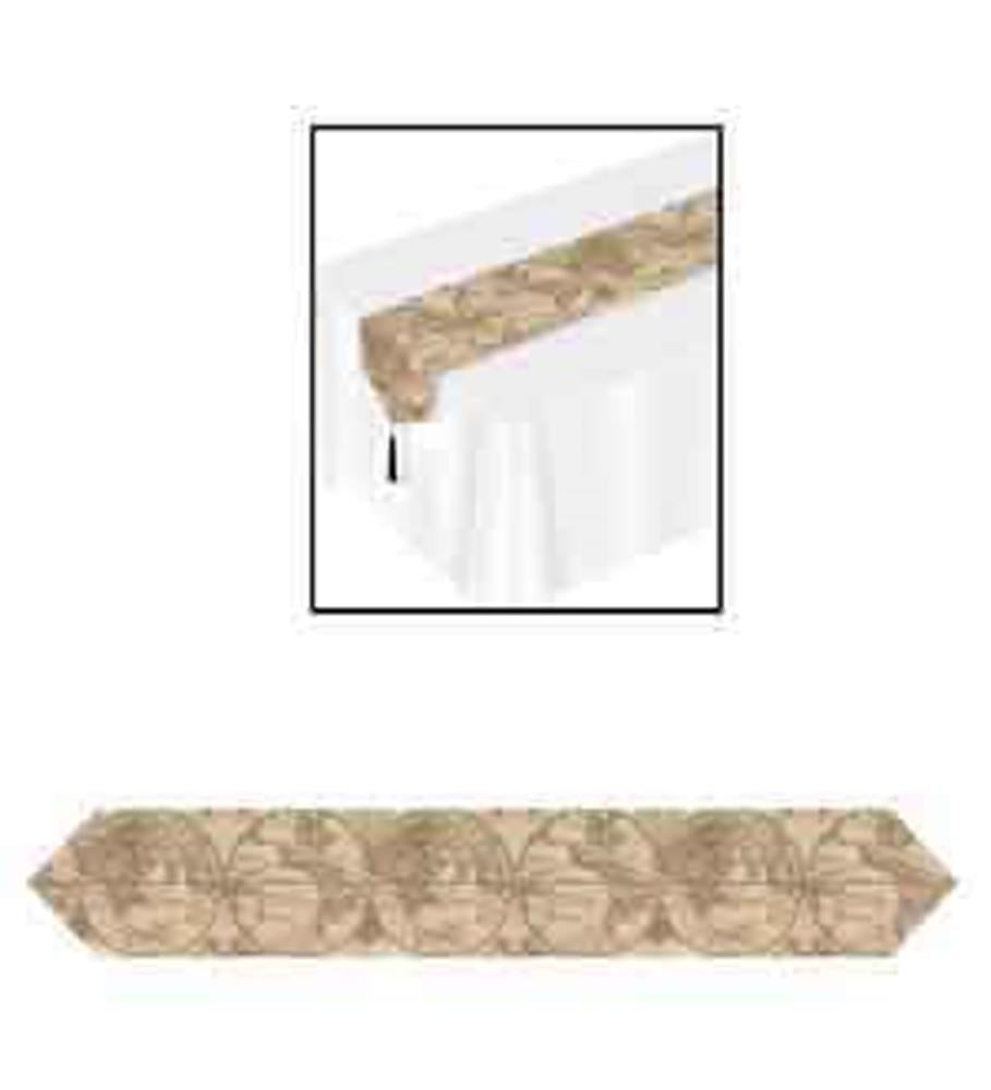 Beige table runner with vintage world map design featuring continents and oceans on fabric.