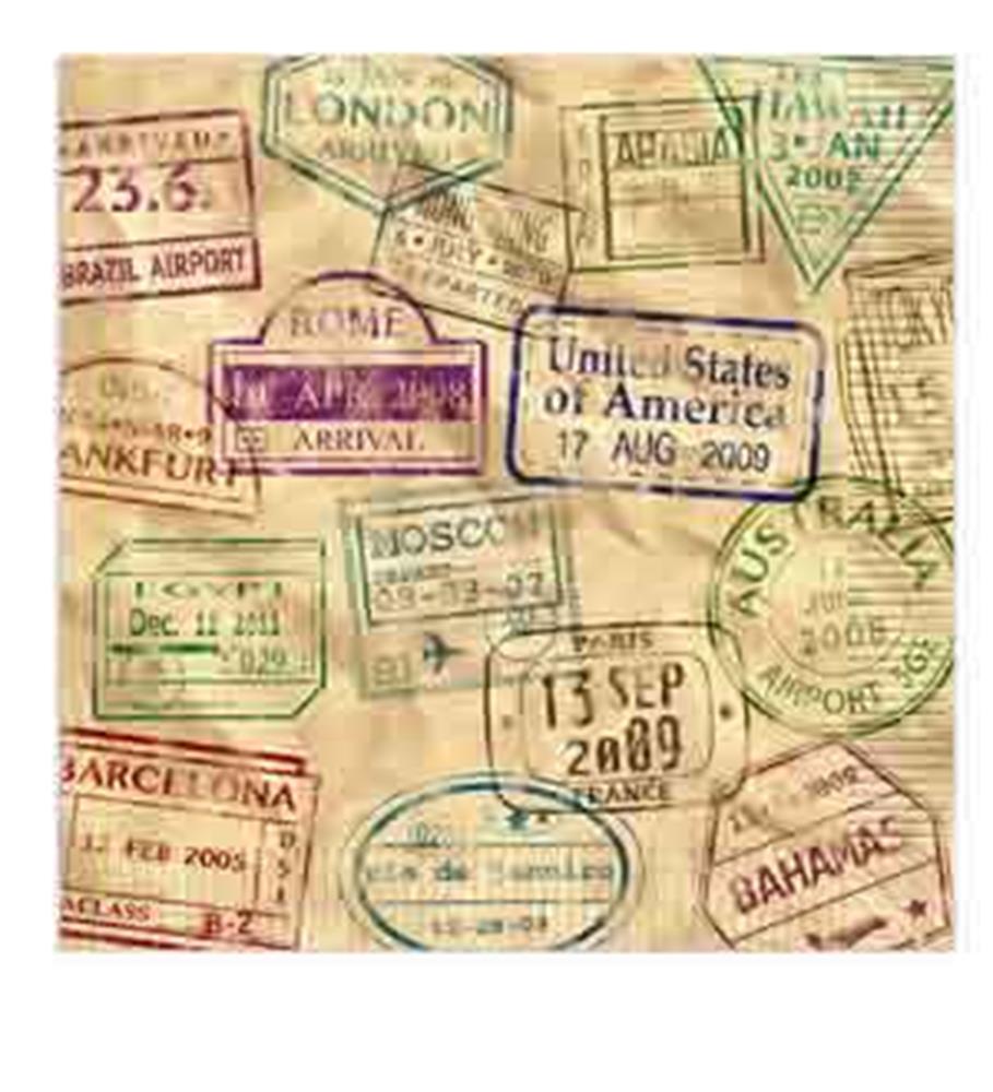 Beige fabric napkin printed with colorful international travel stamps featuring cities and dates in vintage style.