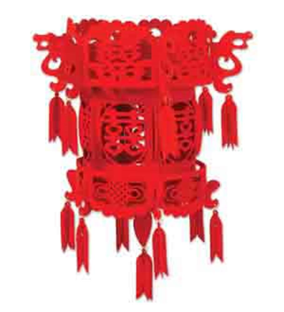 Red felt Chinese lantern with intricate cutout patterns and hanging tassels.