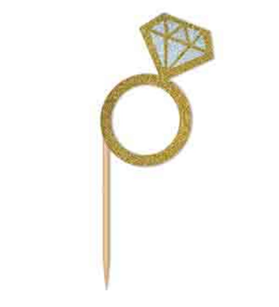 Gold glittery diamond ring cupcake topper with light blue gem design on wooden stick.