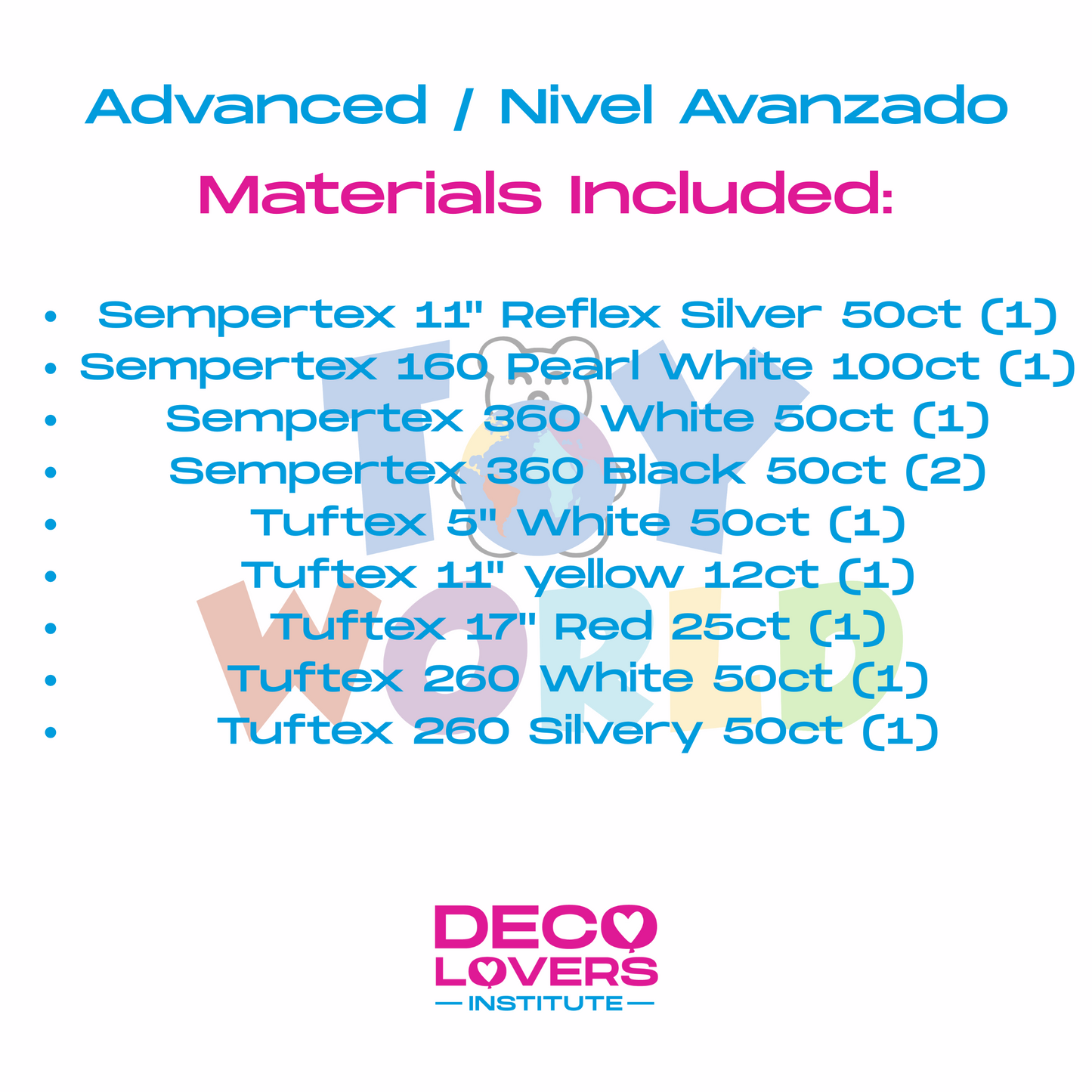 Colorful text listing advanced level kit materials in blue, pink, and purple on a white background.