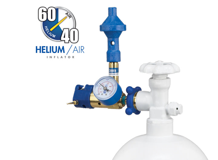 Blue and brass helium/air inflator with pressure gauge attached to white tank valve.