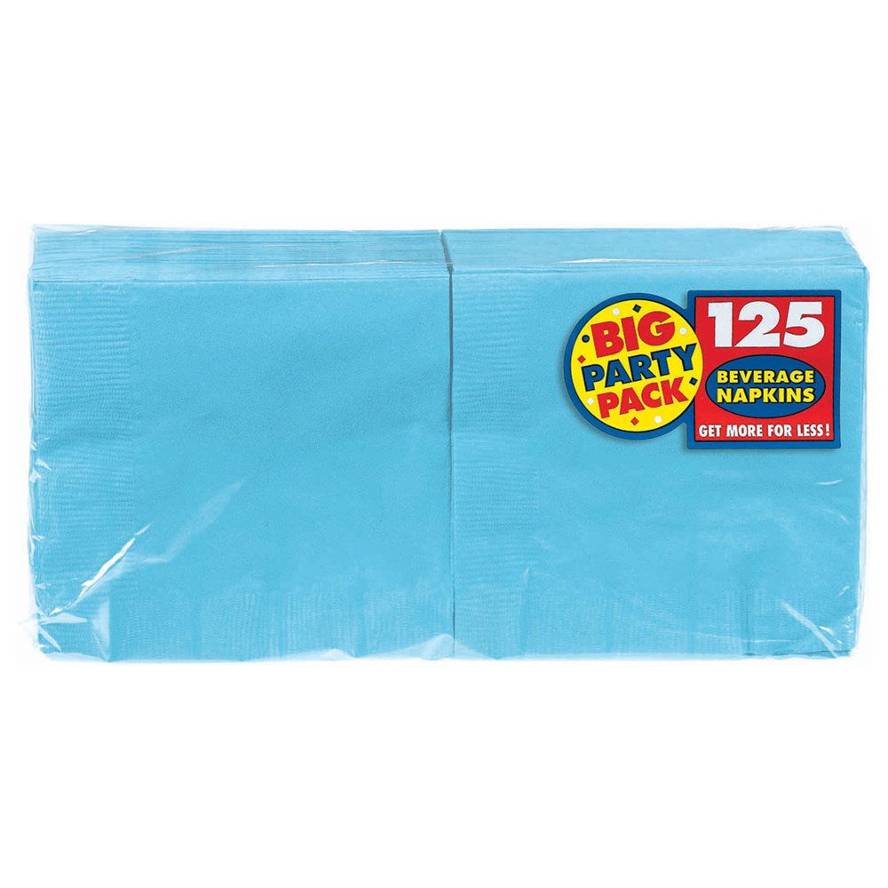 Light blue rectangular 2-ply paper napkins stacked in a clear plastic pack labeled 125 count.
