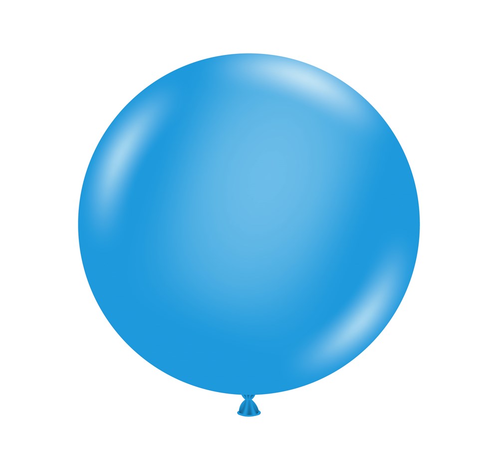 Large round blue latex balloon with a smooth shiny surface and tied end.
