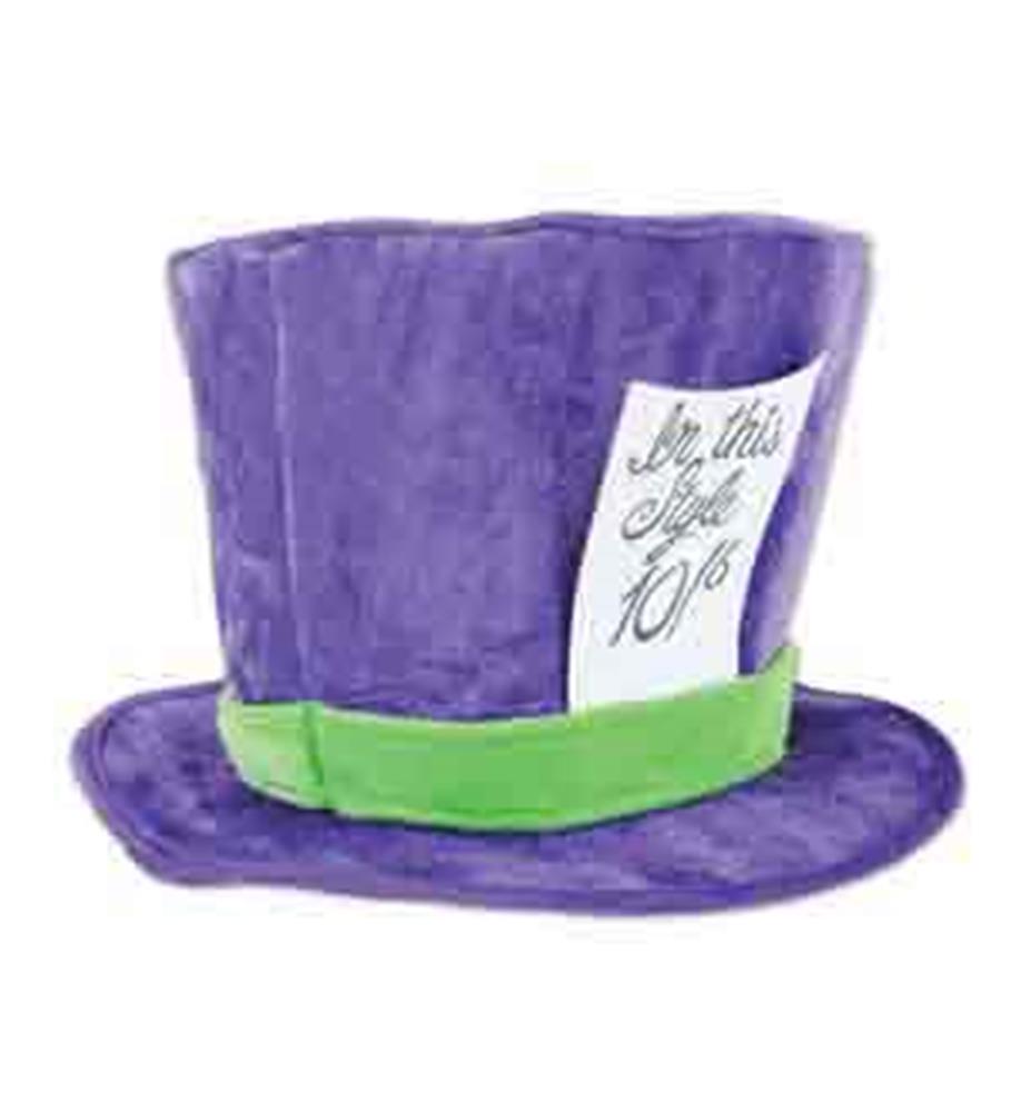 Plush purple top hat with green band and white 10/6 price card, soft fabric design.